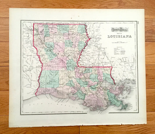 Antique 1874 Mississippi / Louisiana State Map from O.W. Gray's Atlas of United States of America; Stedman, Brown & Lyon – New Orleans