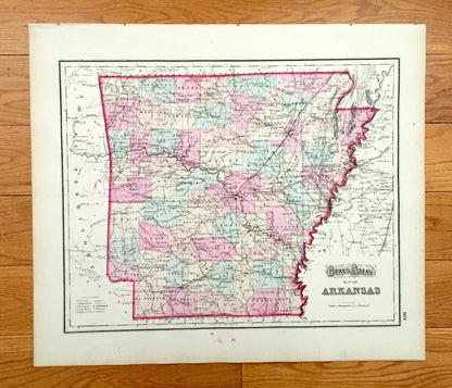Antique 1874 Texas / Arkansas State Map from O.W. Gray's Atlas of United States of America; Stedman, Brown & Lyon – Austin, Little Rock