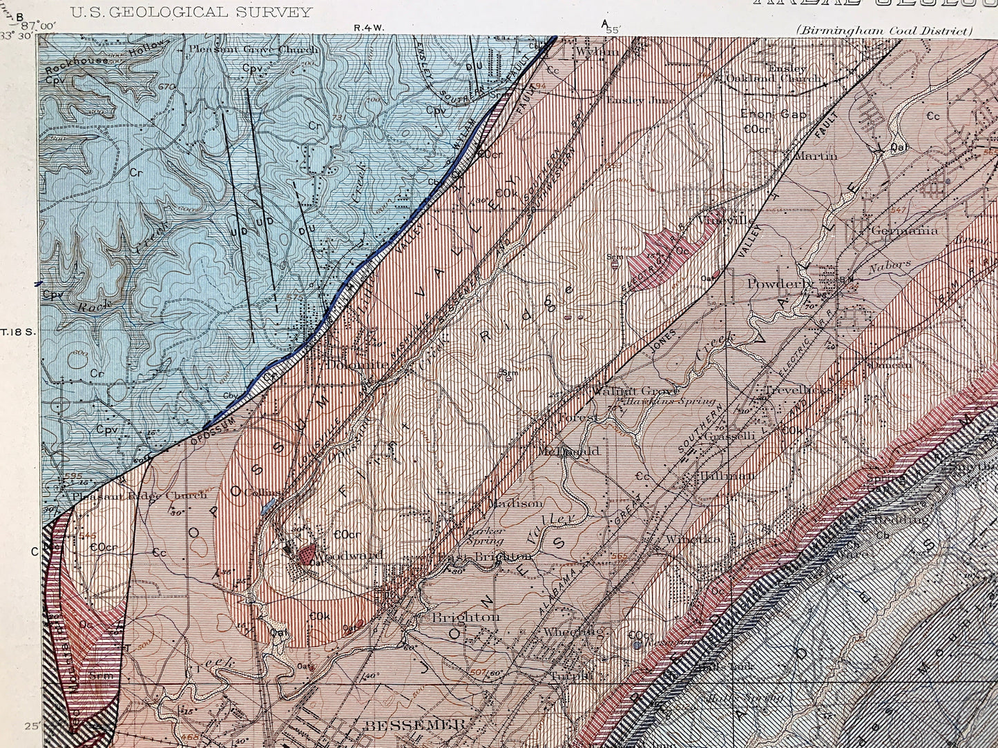 Antique Bessemer, Alabama 1927 US Geological Survey Topographic Map – Birmingham, Cleveland, Brighton, Helena, Jefferson, Shelby County, AL