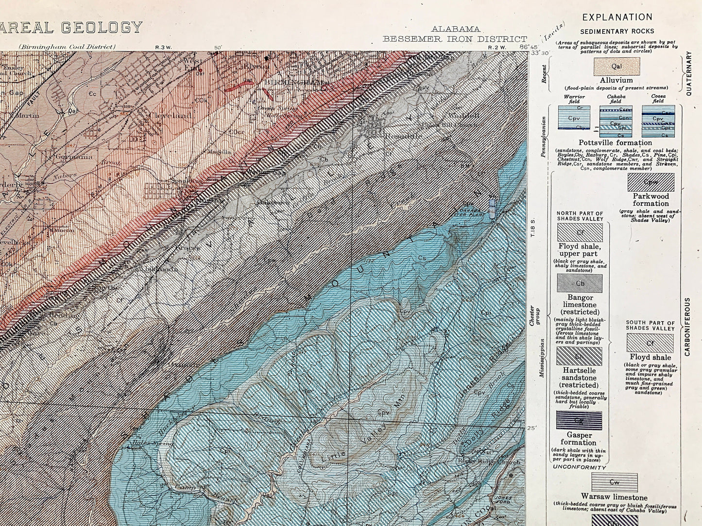 Antique Bessemer, Alabama 1927 US Geological Survey Topographic Map – Birmingham, Cleveland, Brighton, Helena, Jefferson, Shelby County, AL