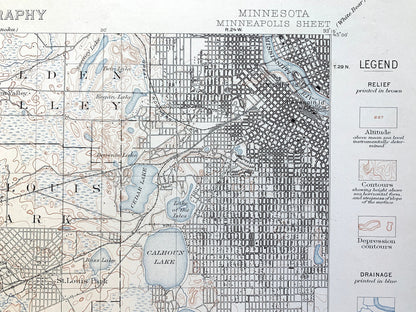 Antique Minneapolis, Minnesota 1901 US Geological Survey Topographic Map – Minnetonka, Golden Valley, Edina, Richfield, Eden Prairie Lake MN