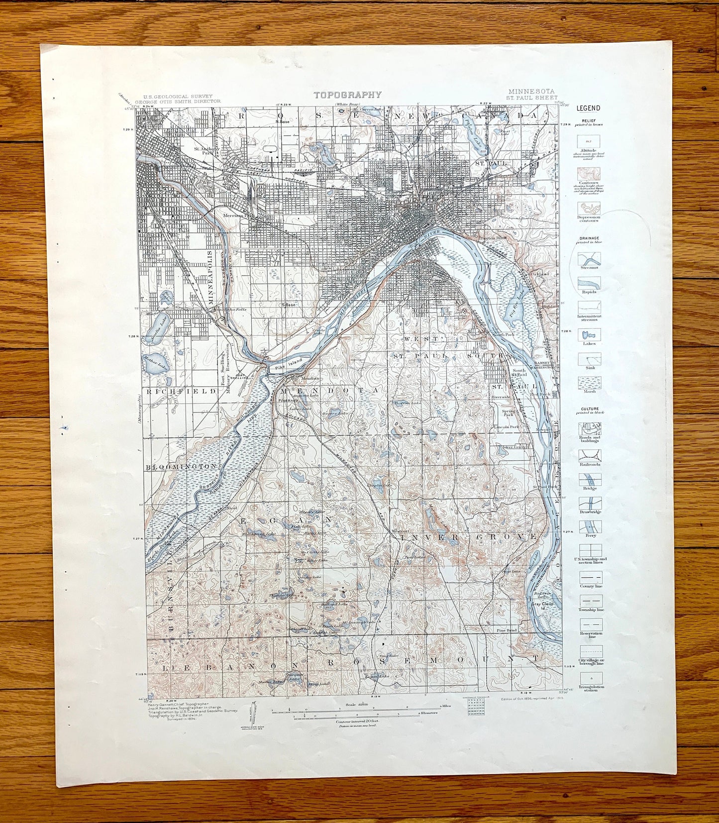 Antique St Paul, Minnesota 1896 US Geological Survey Topographic Map – Minneapolis, Richfield, Bloomington, Mendota, Eagan, Burnsville, MN