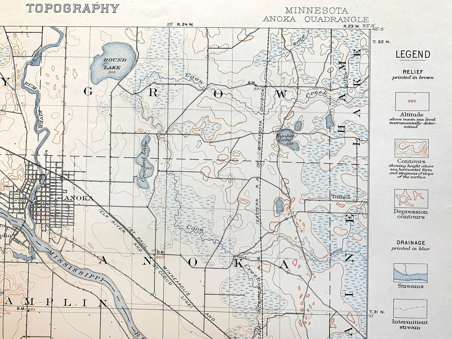 Antique Anoka, Minnesota 1902 US Geological Survey Topographic Map – Minneapolis, Twin Cities, Crystal Lake, Golden Valley, Fridley Champlin