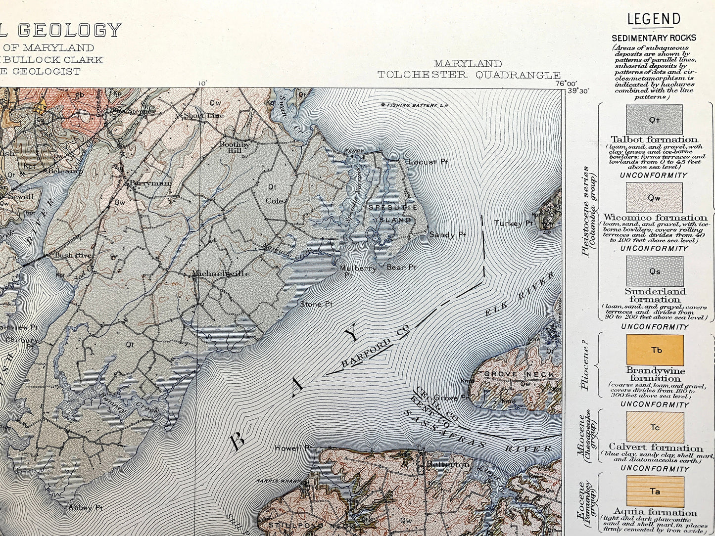 Antique Chesapeake Bay, Maryland 1915 US Geological Survey Topographic Map – Rock Hall Baltimore Abingdon Aberdeen Tolchester Kent County MD