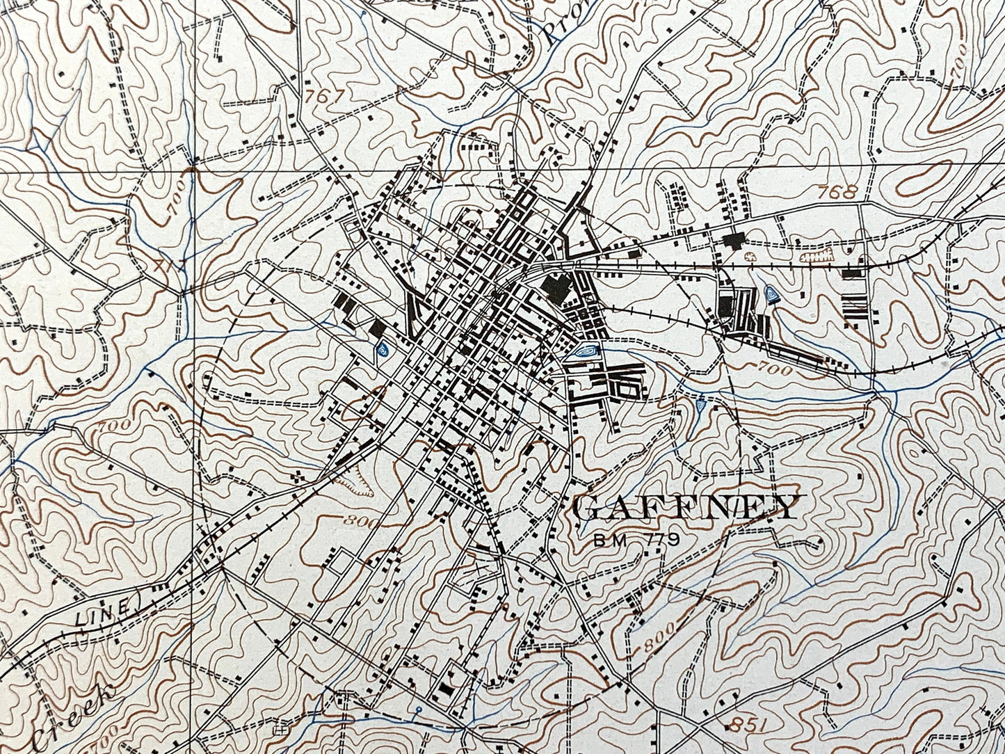 Antique Gaffney, South Carolina 1909 US Geological Survey Topographic Map – Blacksburg, Cherokee Falls, Cherokee, Cleveland County, NC SC