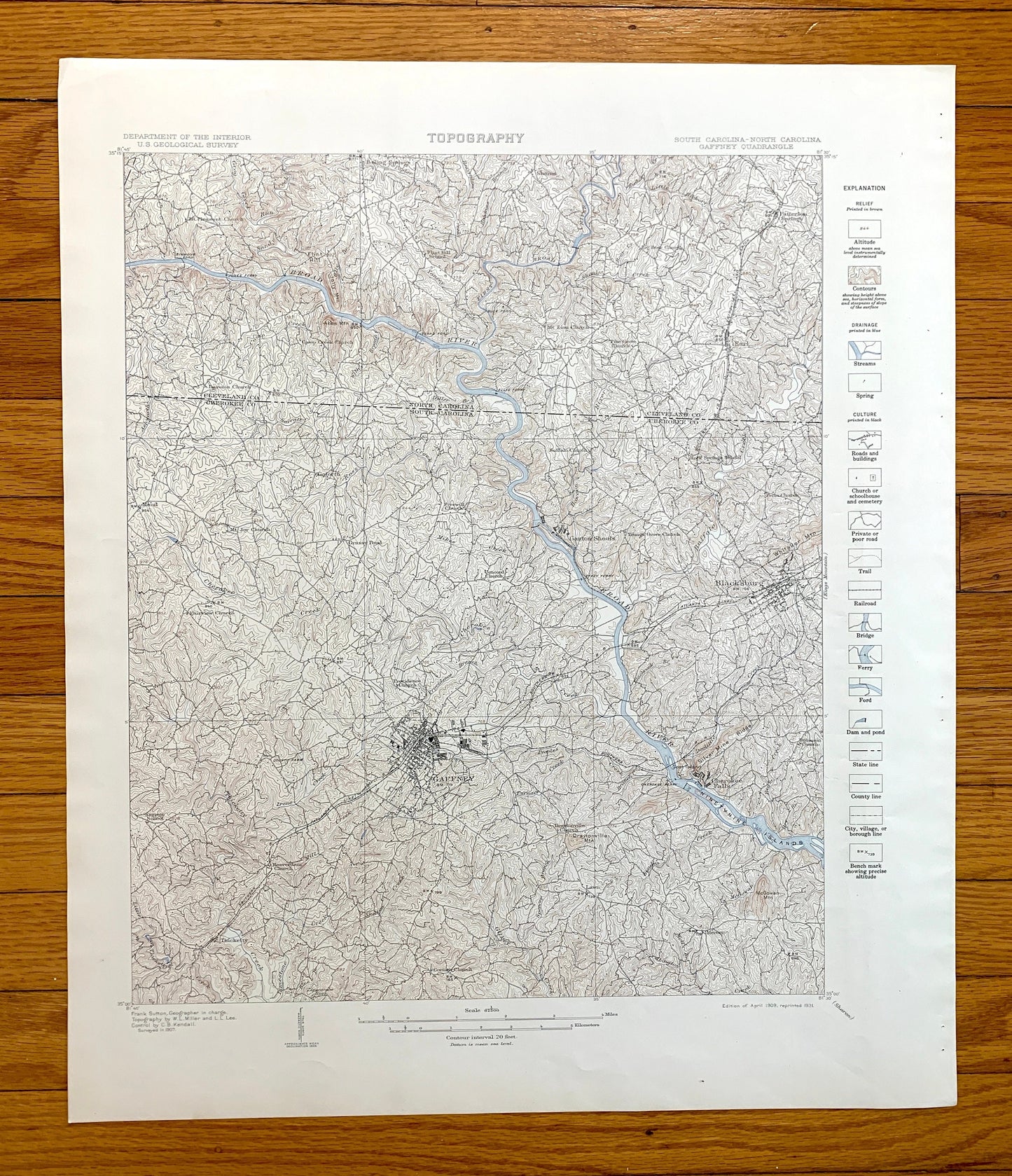 Antique Gaffney, South Carolina 1909 US Geological Survey Topographic Map – Blacksburg, Cherokee Falls, Cherokee, Cleveland County, NC SC