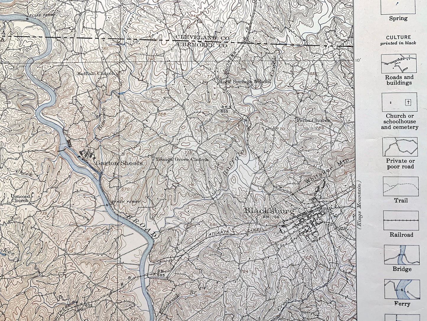 Antique Gaffney, South Carolina 1909 US Geological Survey Topographic Map – Blacksburg, Cherokee Falls, Cherokee, Cleveland County, NC SC