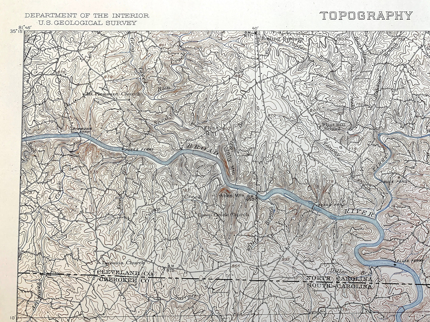Antique Gaffney, South Carolina 1909 US Geological Survey Topographic Map – Blacksburg, Cherokee Falls, Cherokee, Cleveland County, NC SC
