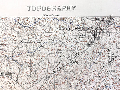 Antique Kings Mountain, North Carolina 1908 US Geological Survey Topographic Map – Kings Creek, Cherokee, Cleveland York County, NC, SC