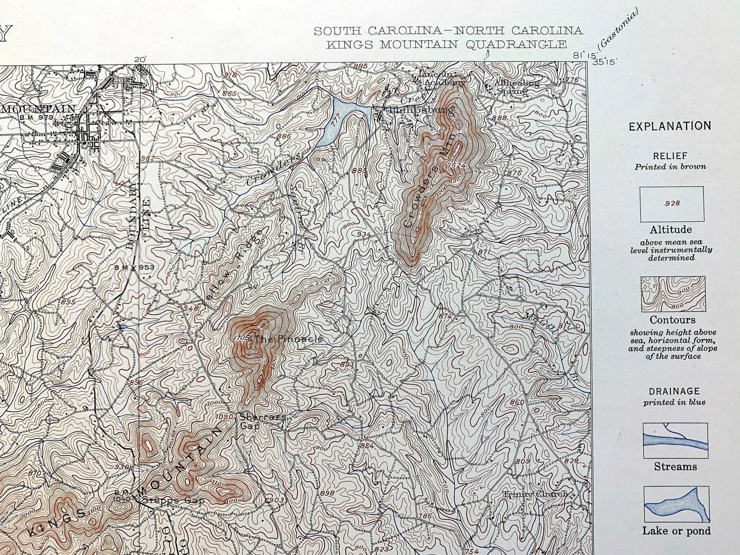 Antique Kings Mountain, North Carolina 1908 US Geological Survey Topographic Map – Kings Creek, Cherokee, Cleveland York County, NC, SC
