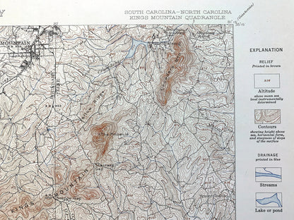 Antique Kings Mountain, North Carolina 1908 US Geological Survey Topographic Map – Kings Creek, Cherokee, Cleveland York County, NC, SC