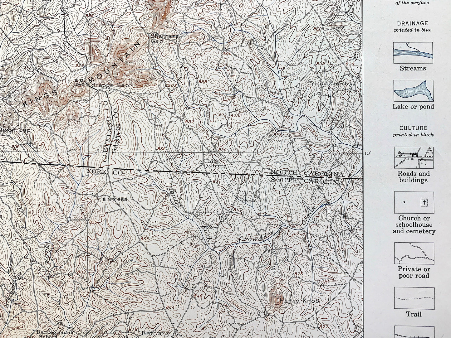 Antique Kings Mountain, North Carolina 1908 US Geological Survey Topographic Map – Kings Creek, Cherokee, Cleveland York County, NC, SC