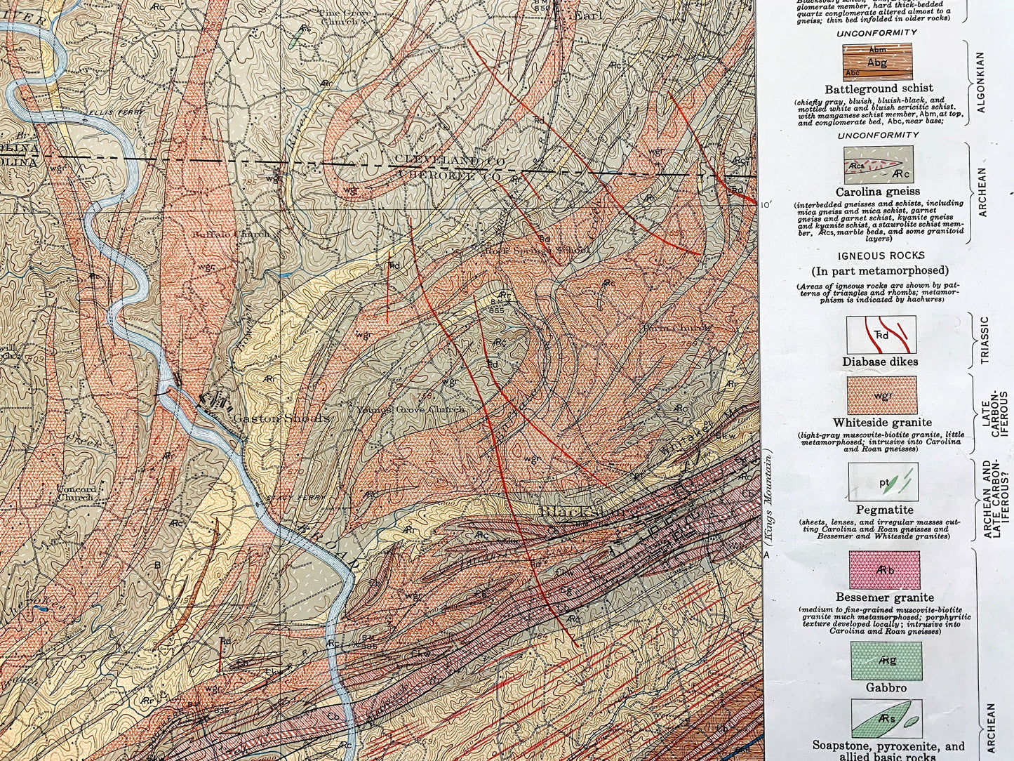 Antique Gaffney, South Carolina 1931 US Geological Survey Topographic Map – Blacksburg, Cherokee Falls, Cherokee, Cleveland County, NC SC
