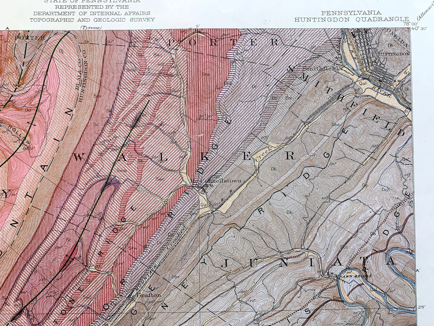 Antique Huntingdon, Pennsylvania 1945 US Geological Survey Topographic Map – Huntingdon County, Porter, Walker, Smithfield, Juniata, PA