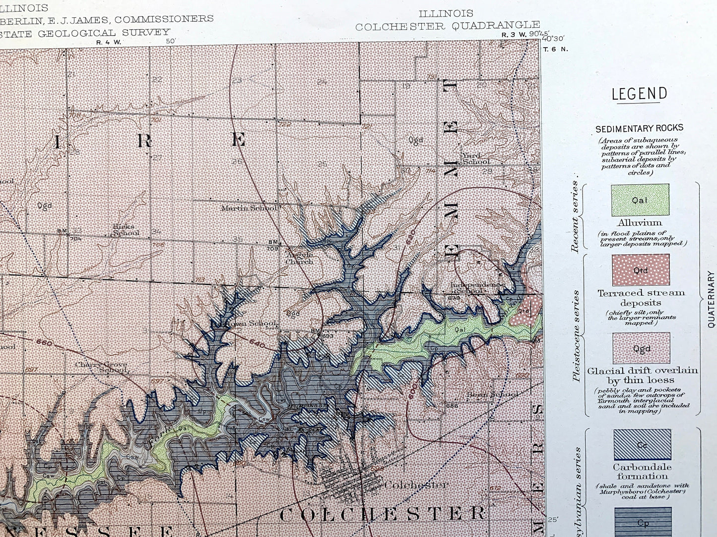 Antique Colchester, Illinois 1916 US Geological Survey Topographic Map –  Plymouth, Fountain Green, McDonough, Schuyler, Hancock County IL