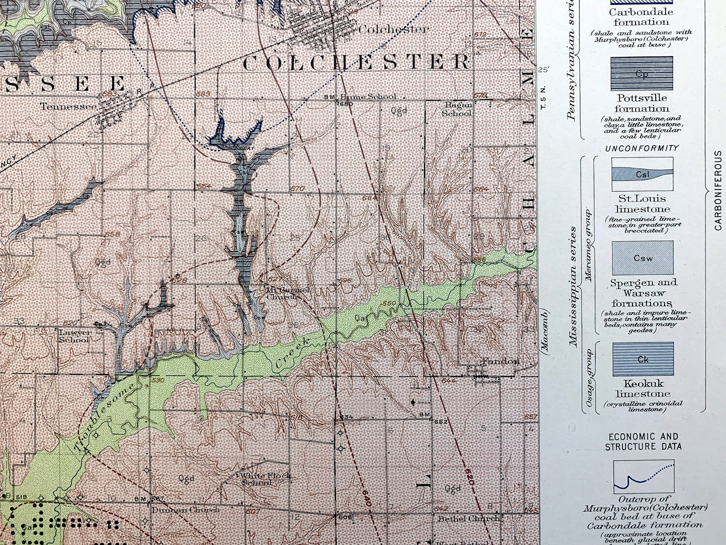Antique Colchester, Illinois 1916 US Geological Survey Topographic Map –  Plymouth, Fountain Green, McDonough, Schuyler, Hancock County IL