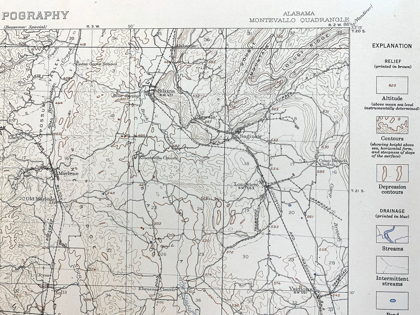 Antique Montevallo, Alabama 1940 US Geological Survey Topographic Map –  Calera, Aldrich, Cahaba River, Shelby, Bibb, Chilton County, AL