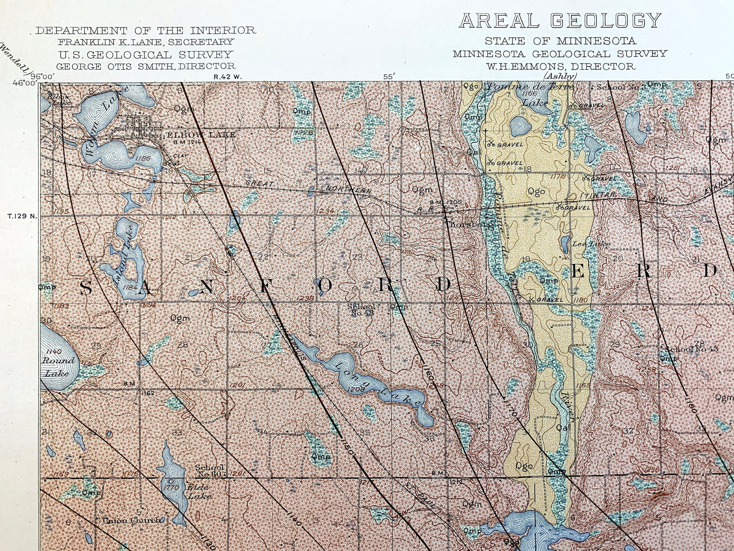 Antique Barrett, Minnesota 1912 US Geological Survey Topographic Map – Elbow Lake, Sanford, Swan Lake, Douglas, Grant, Stevens County, MN