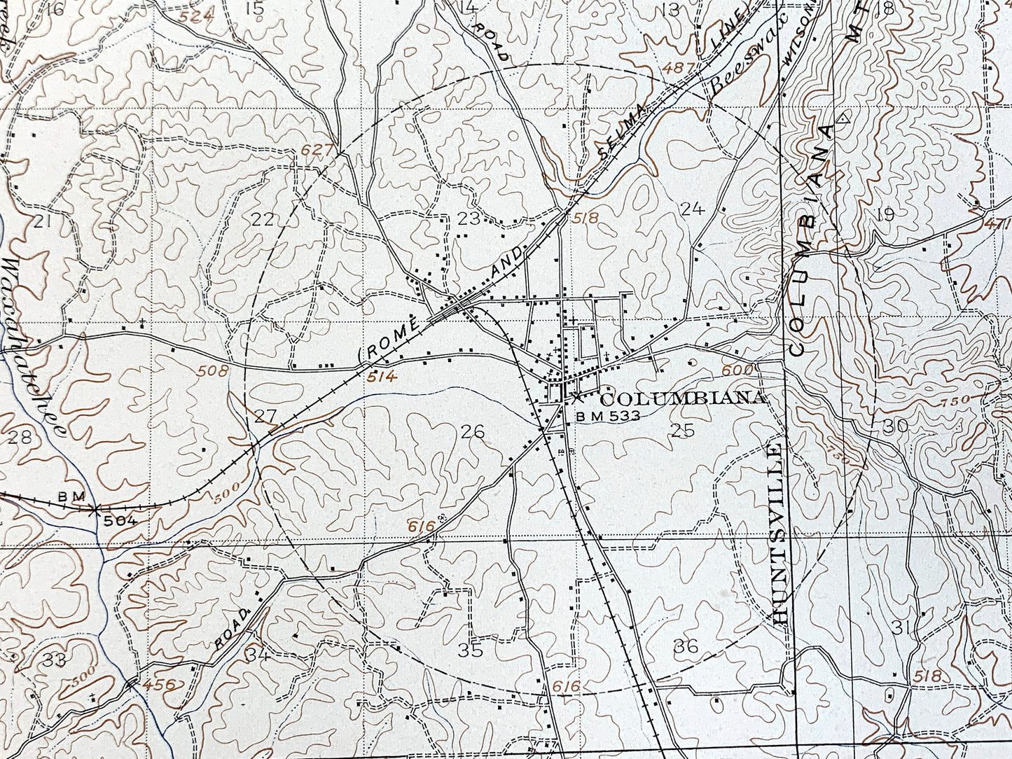 Antique Columbiana, Alabama 1940 US Geological Survey Topographic Map – Huntsville, Meridian, Coosa River, Shelby, Coosa, Chilton County, AL