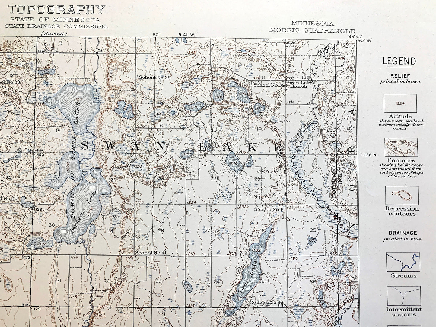 Antique Morris, Minnesota 1912 US Geological Survey Topographic Map – Darren, Hodges, Framnas, Rendsville, Pope County, Stevens County, MN