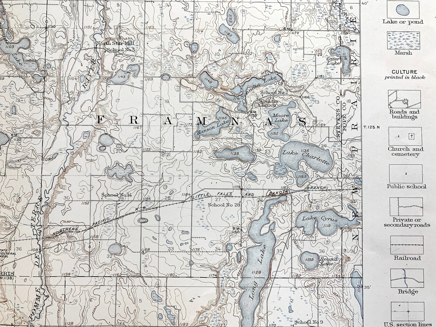 Antique Morris, Minnesota 1912 US Geological Survey Topographic Map – Darren, Hodges, Framnas, Rendsville, Pope County, Stevens County, MN