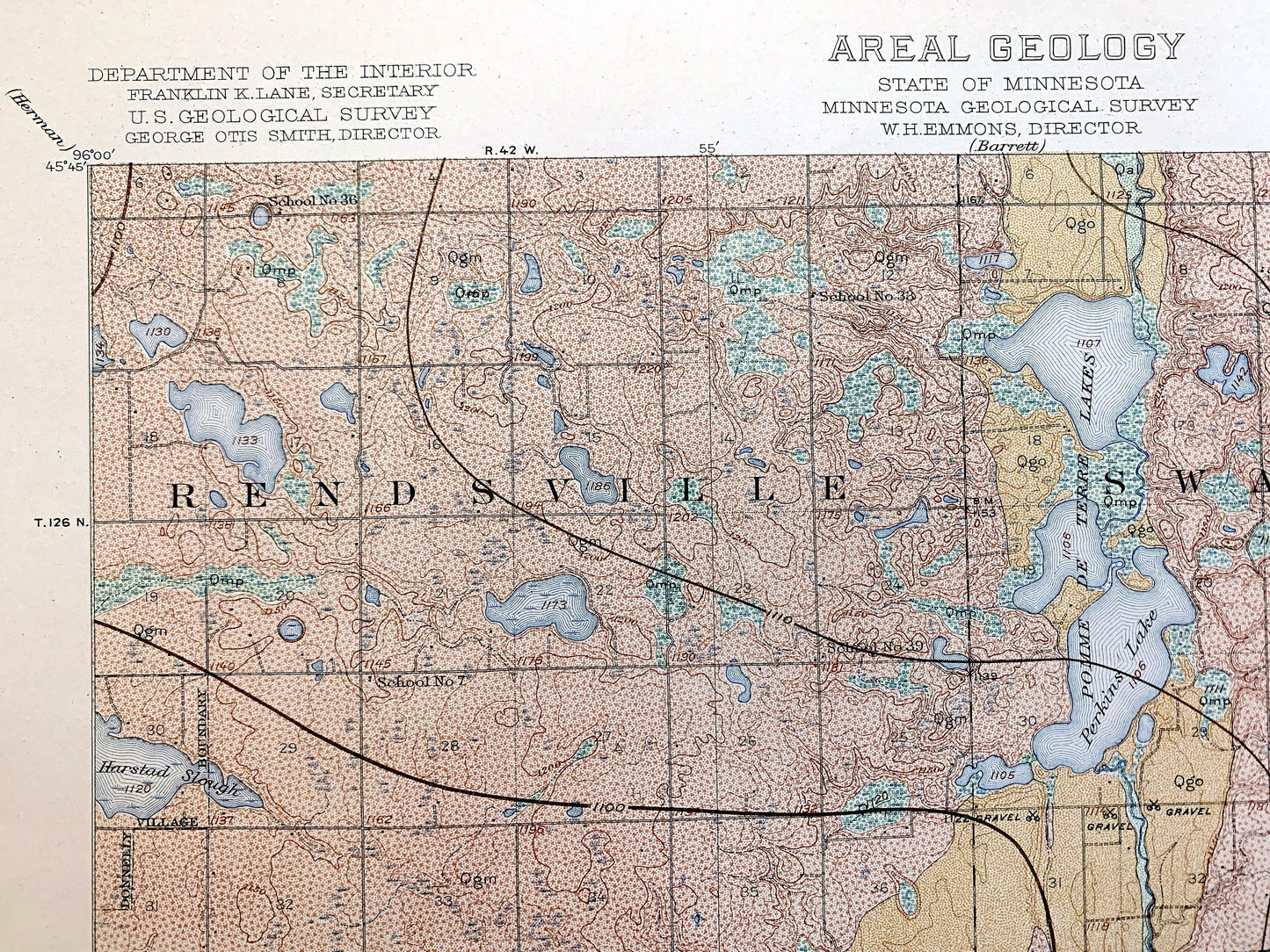 Antique Morris, Minnesota 1917 US Geological Survey Topographic Map – Darren, Hodges, Framnas, Rendsville, Pope County, Stevens County, MN