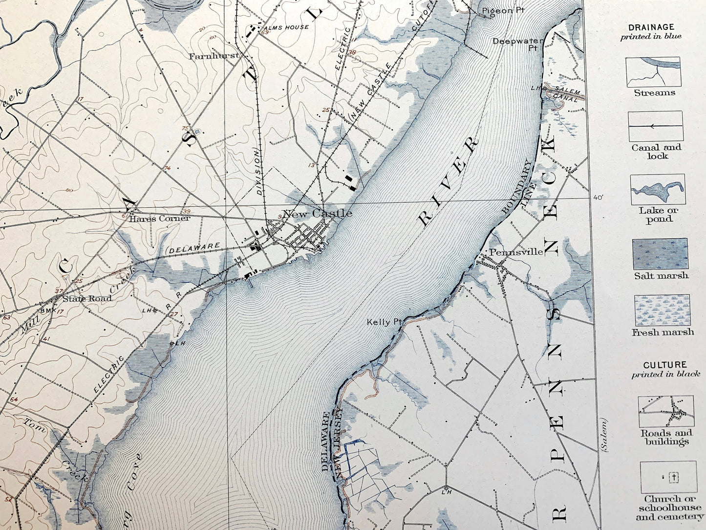 Antique Wilmington, Delaware 1906 US Geological Survey Topographic Map – Newcastle County, Delaware City, Christiana, Brandywine, Newport DE