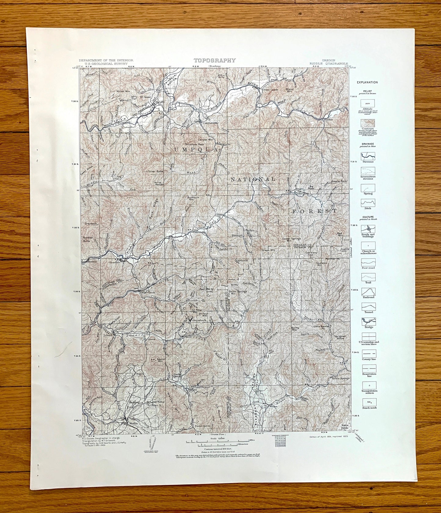 Antique Riddle, Oregon 1904 US Geological Survey Topographic Map – Douglas County, Winona, Merlin, Greenback, Perdue, Hugo, Forest Queen OR