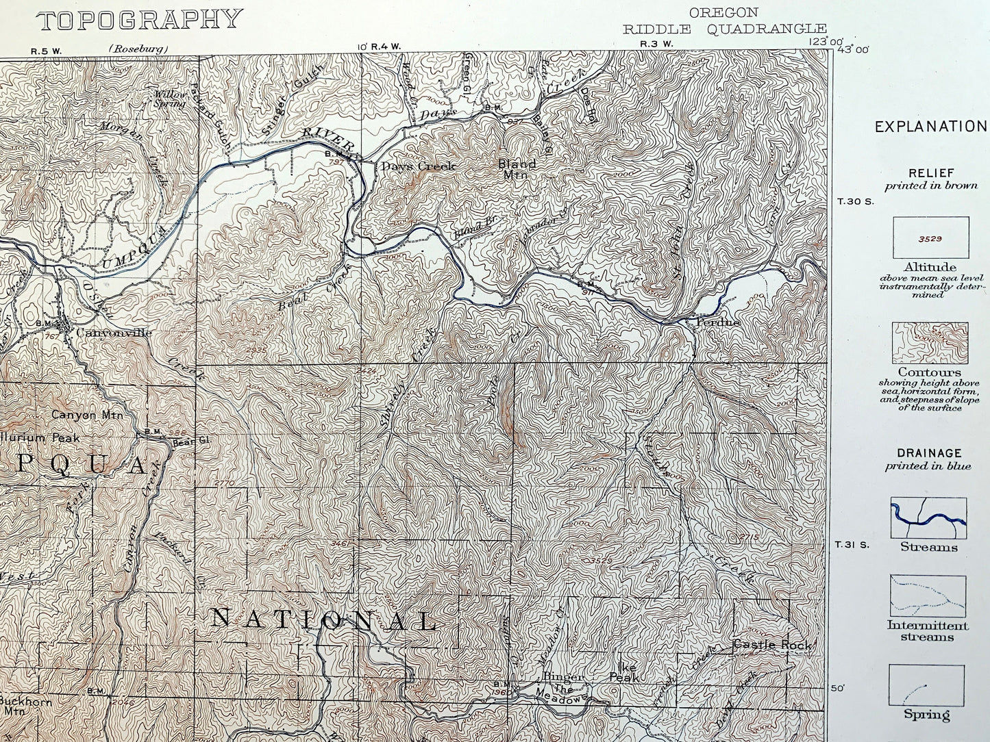 Antique Riddle, Oregon 1904 US Geological Survey Topographic Map – Douglas County, Winona, Merlin, Greenback, Perdue, Hugo, Forest Queen OR