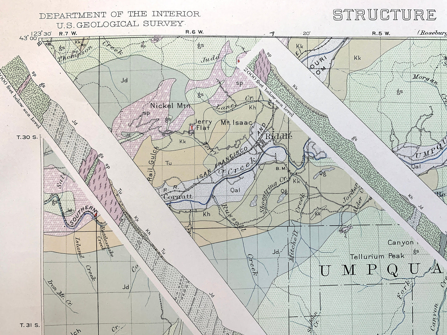 Antique Riddle, Oregon 1923 US Geological Survey Topographic Map – Douglas County, Winona, Merlin, Greenback, Perdue, Hugo, Forest Queen, OR