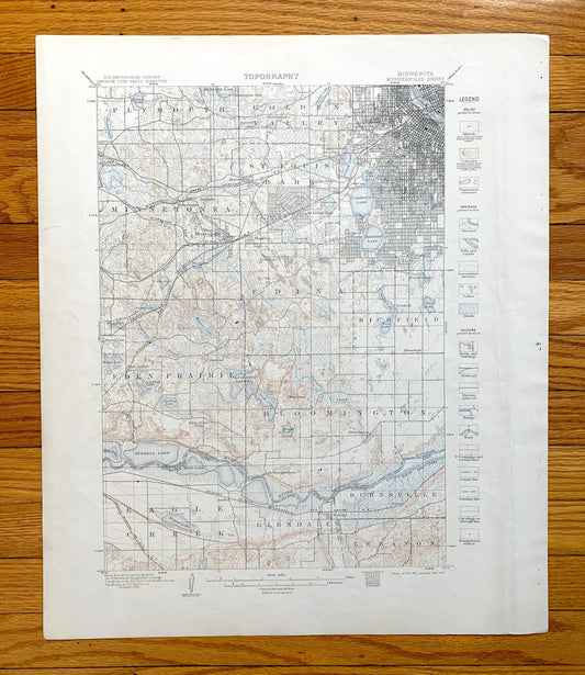 Antique Minneapolis, Minnesota 1901 US Geological Survey Topographic Map – Minnetonka, Golden Valley, Edina, Richfield, Eden Prairie Lake MN