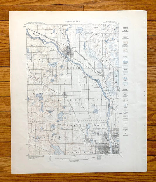 Antique Anoka, Minnesota 1902 US Geological Survey Topographic Map – Minneapolis, Twin Cities, Crystal Lake, Golden Valley, Fridley Champlin