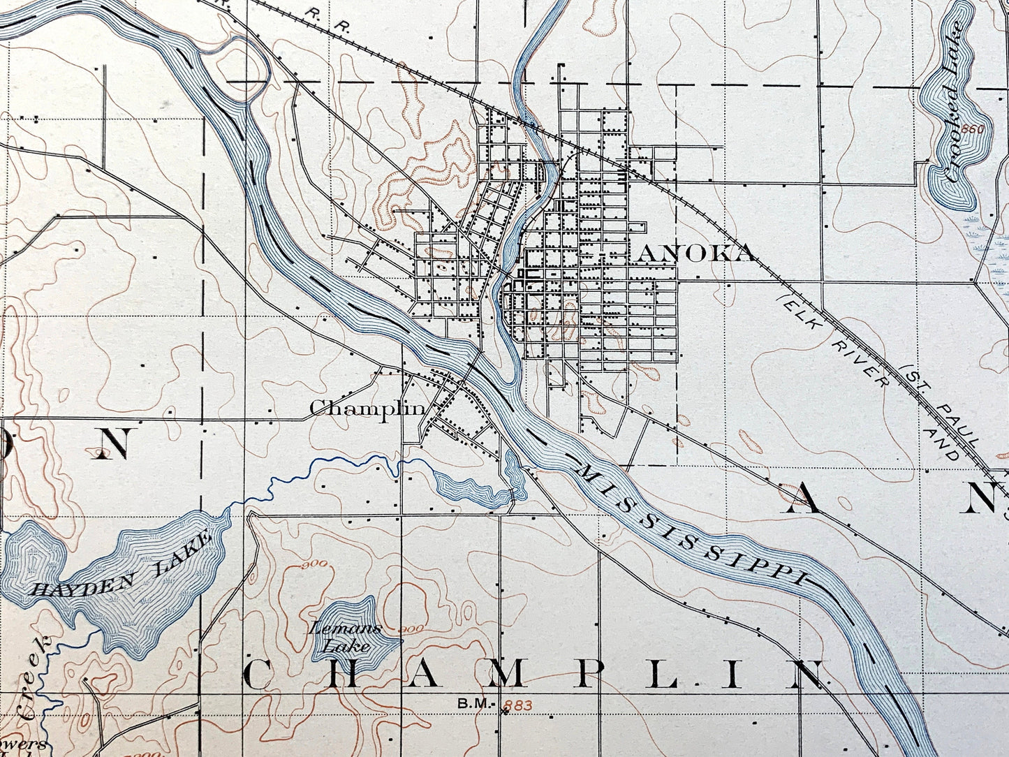 Antique Anoka, Minnesota 1902 US Geological Survey Topographic Map – Minneapolis, Twin Cities, Crystal Lake, Golden Valley, Fridley Champlin