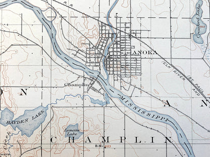 Antique Anoka, Minnesota 1902 US Geological Survey Topographic Map – Minneapolis, Twin Cities, Crystal Lake, Golden Valley, Fridley Champlin