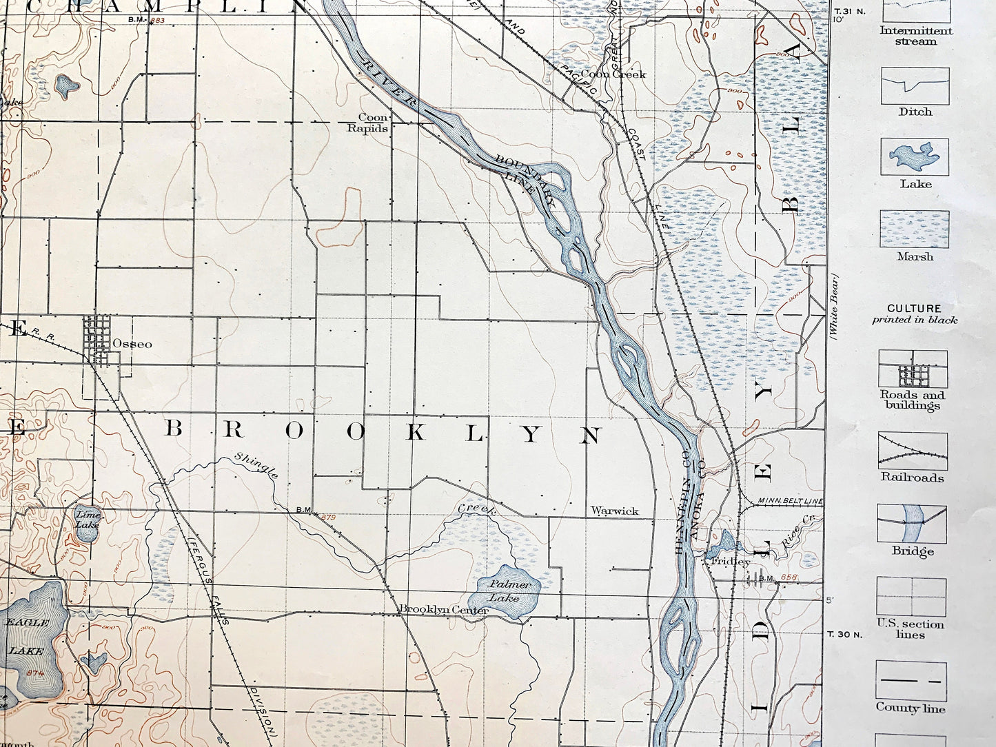 Antique Anoka, Minnesota 1902 US Geological Survey Topographic Map – Minneapolis, Twin Cities, Crystal Lake, Golden Valley, Fridley Champlin