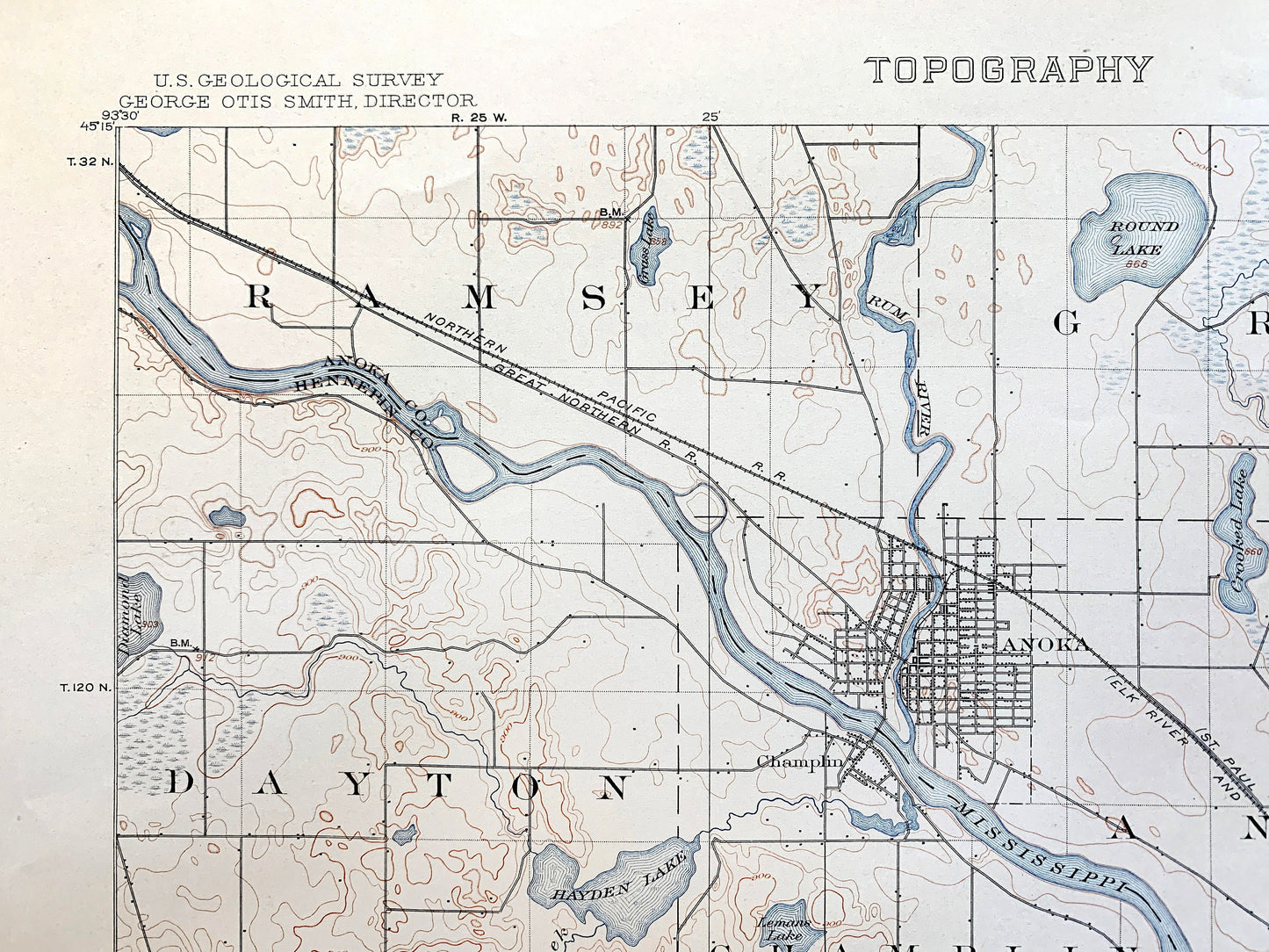 Antique Anoka, Minnesota 1902 US Geological Survey Topographic Map – Minneapolis, Twin Cities, Crystal Lake, Golden Valley, Fridley Champlin