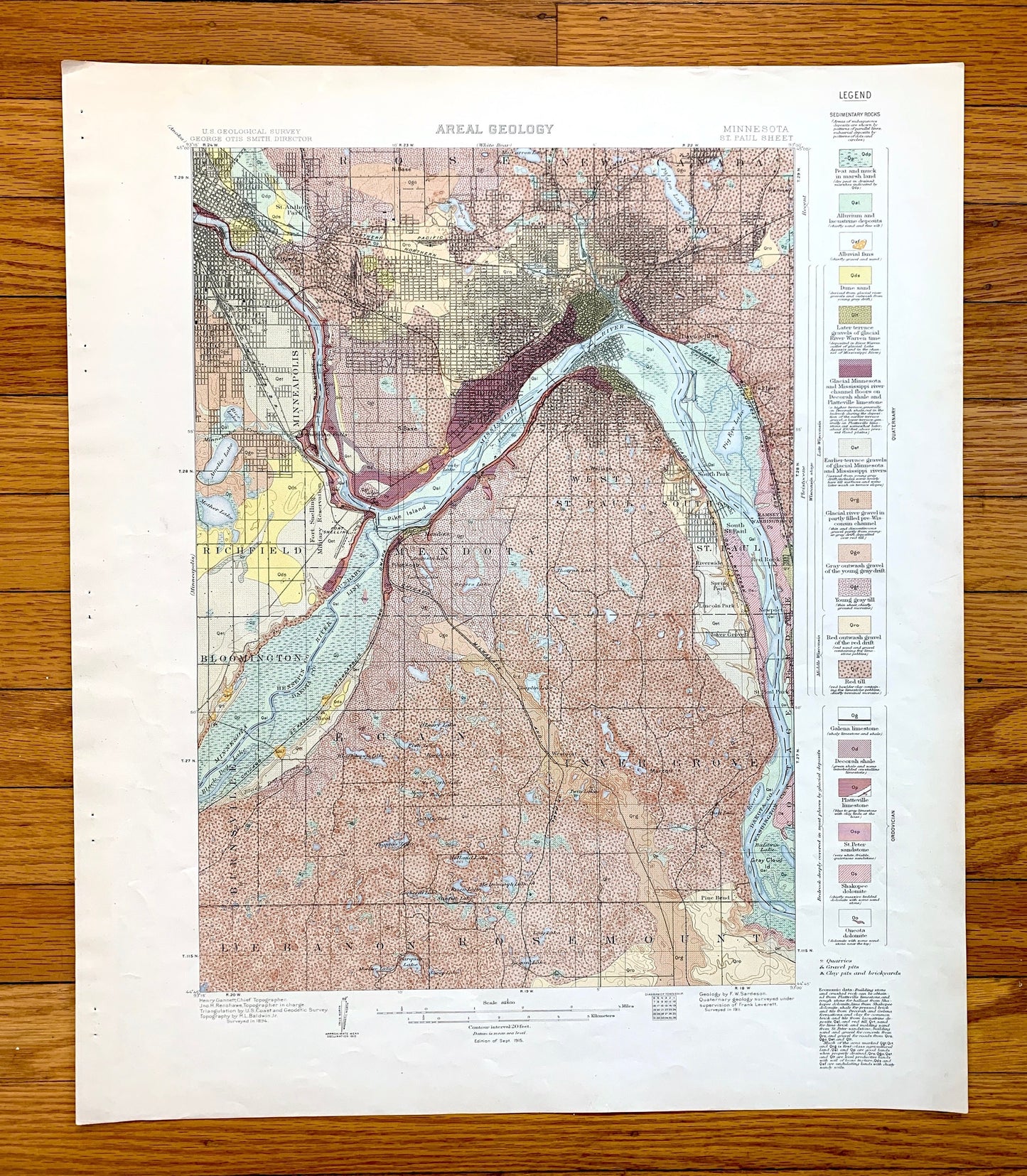 Antique St Paul, Minnesota 1915 US Geological Survey Topographic Map – Minneapolis, Richfield, Bloomington, Mendota, Eagan, Burnsville, MN