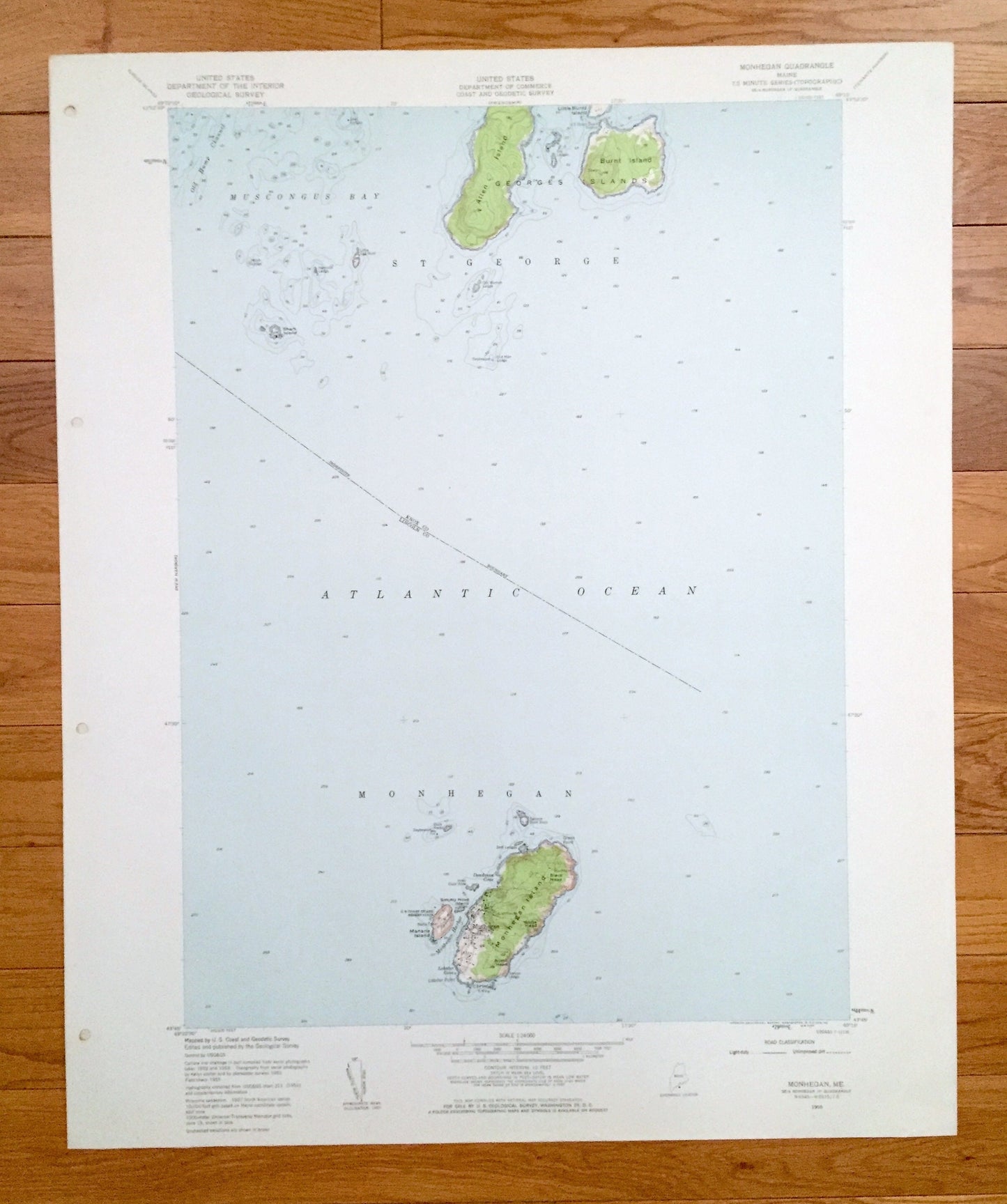 Antique Monhegan, Maine 1955 US Geological Survey Topographic Map – Lincoln, Knox County, St George, Georges Islands, Muscongus Bay, ME