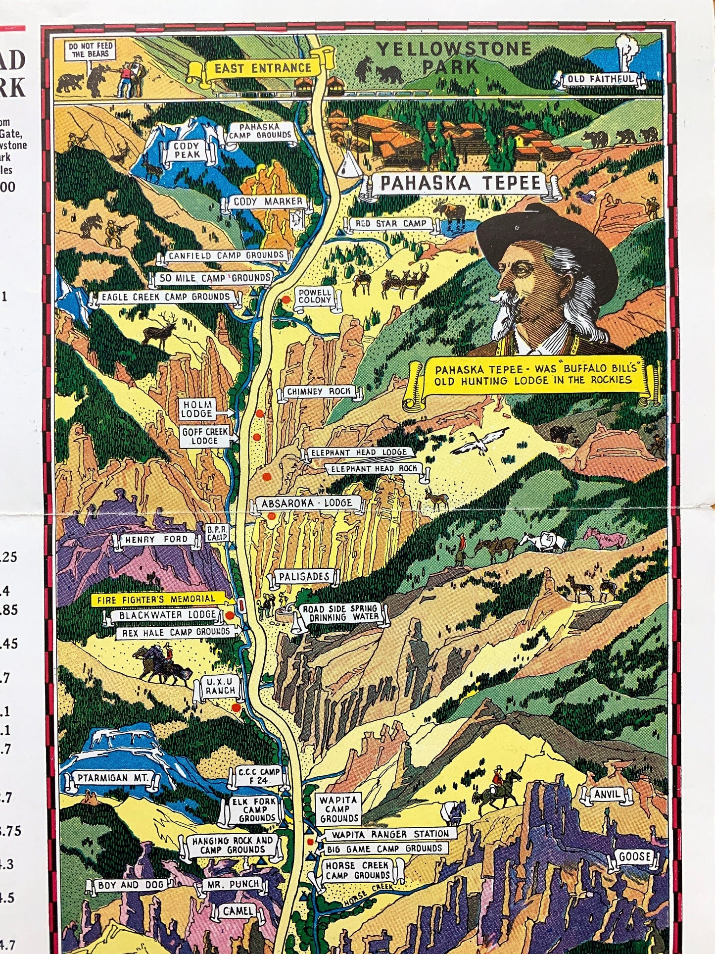 Antique Yellowstone National Park, Wyoming 1920's Edward T. Grigware Illustration Tourist Map – Cody Road, Old Faithful, Shoshone Forest, WY