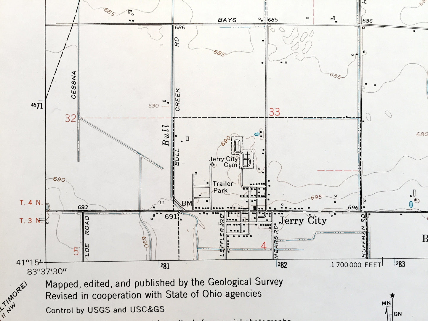 Antique Jerry City, Ohio 1969 US Geological Survey Topographic Map — Wood County, Center, Freedom, Portage, Montgomery, Bloom, Perry, OH