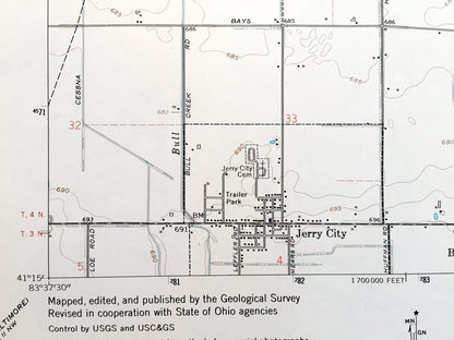 Antique Jerry City, Ohio 1969 US Geological Survey Topographic Map — Wood County, Center, Freedom, Portage, Montgomery, Bloom, Perry, OH