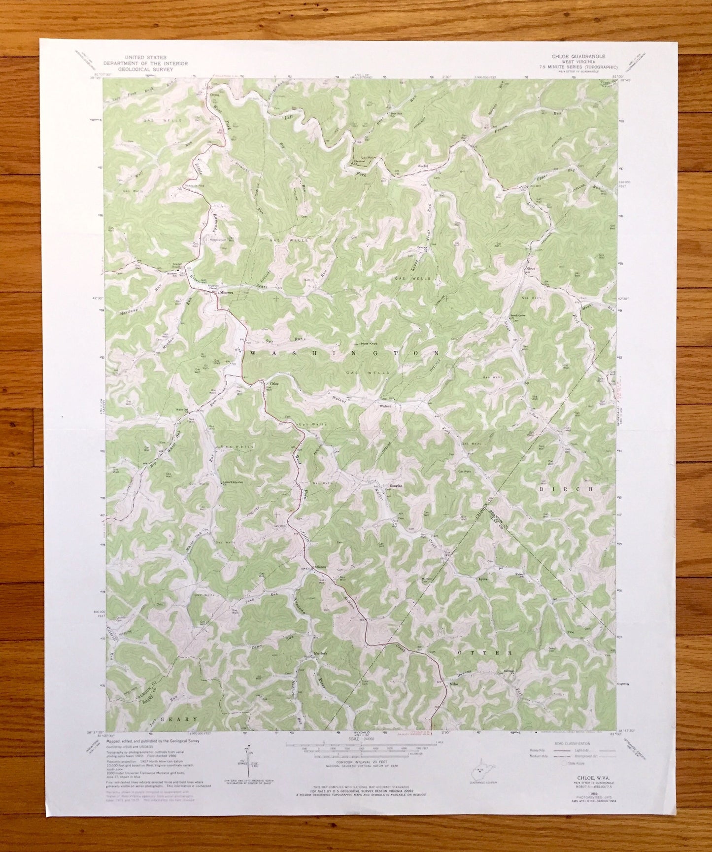 Antique Chloe, West Virginia 1966 US Geological Survey Topographic Map — Calhoun, Braxton, Clay, Roane County, Washington, Birch, Geary, WV