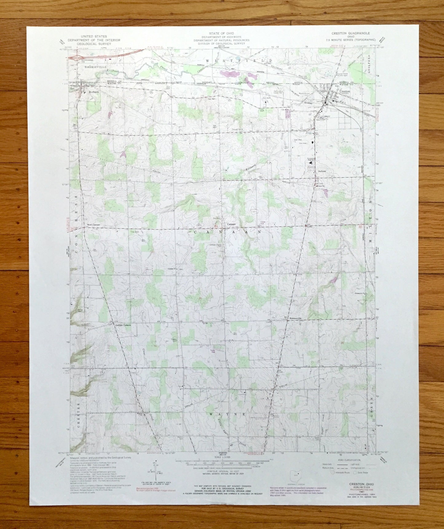 Antique Creston, Ohio 1961 US Geological Survey Topographic Map — Medina, Wayne County, Harrisville, Westfield, Congress, Canaan, Wayne, OH