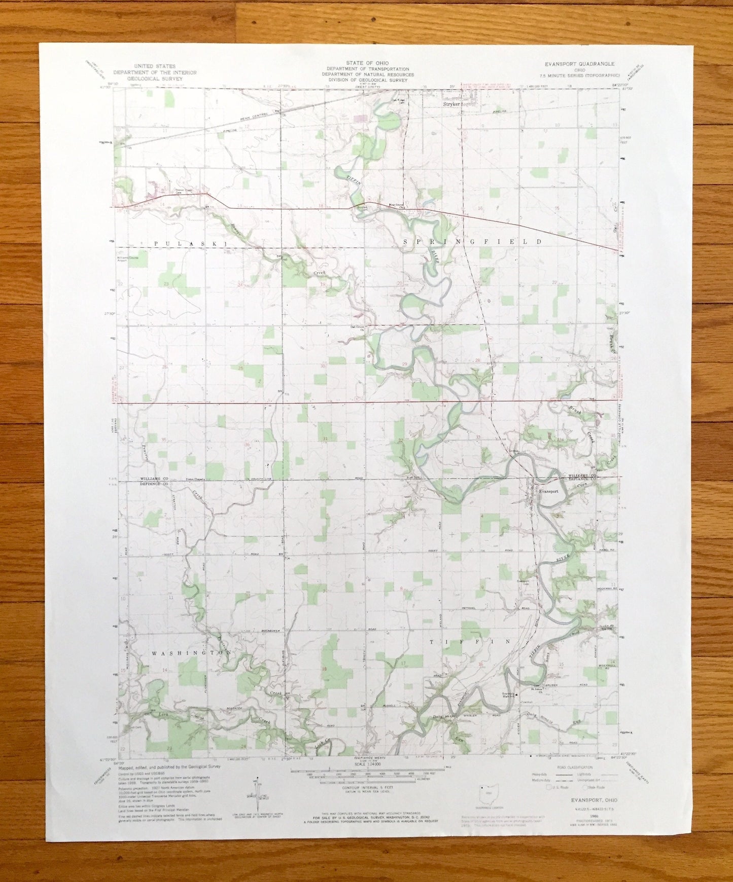 Antique Evansport, Ohio 1960 US Geological Survey Topographic Map — Williams, Defiance County, Pulaski, Springfield, Washington, Tiffin, OH