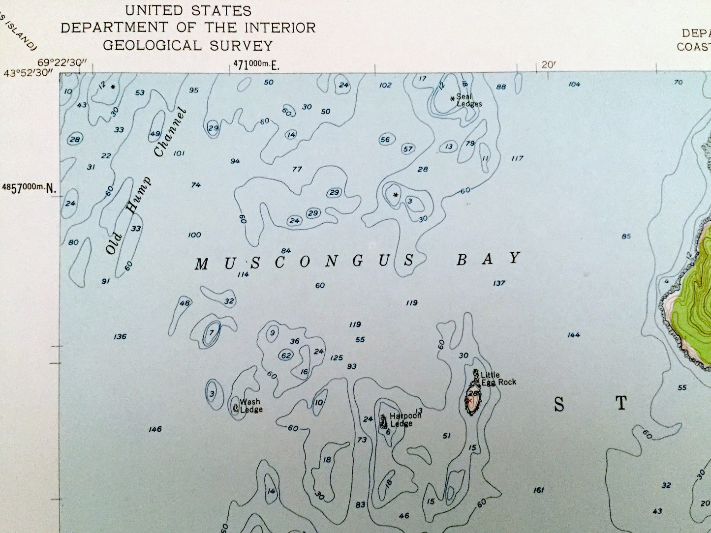 Antique Monhegan, Maine 1955 US Geological Survey Topographic Map – Lincoln, Knox County, St George, Georges Islands, Muscongus Bay, ME