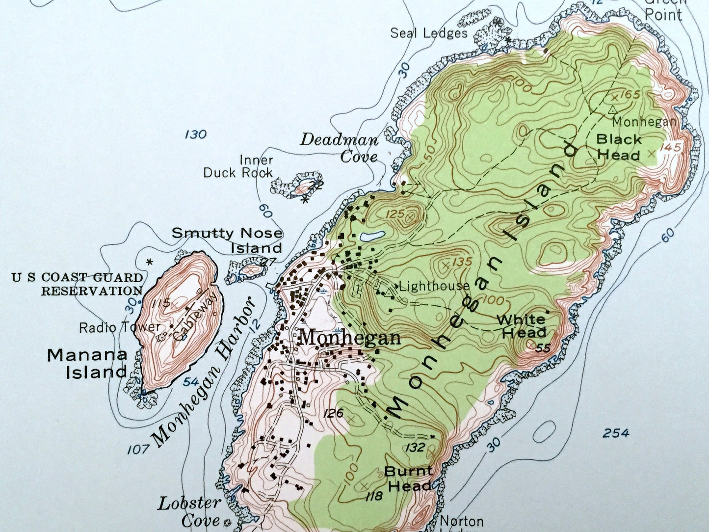 Antique Monhegan, Maine 1955 US Geological Survey Topographic Map – Lincoln, Knox County, St George, Georges Islands, Muscongus Bay, ME