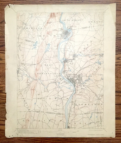 Antique Springfield, Massachusetts 1895 US Geological Survey Topographic Map – Holyoke, South Hadley, Chicopee, Southhampton, Agawam, MA