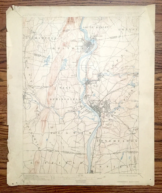 Antique Springfield, Massachusetts 1895 US Geological Survey Topographic Map – Holyoke, South Hadley, Chicopee, Southhampton, Agawam, MA
