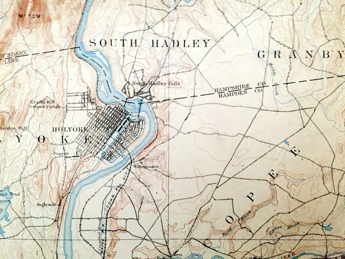 Antique Springfield, Massachusetts 1895 US Geological Survey Topographic Map – Holyoke, South Hadley, Chicopee, Southhampton, Agawam, MA