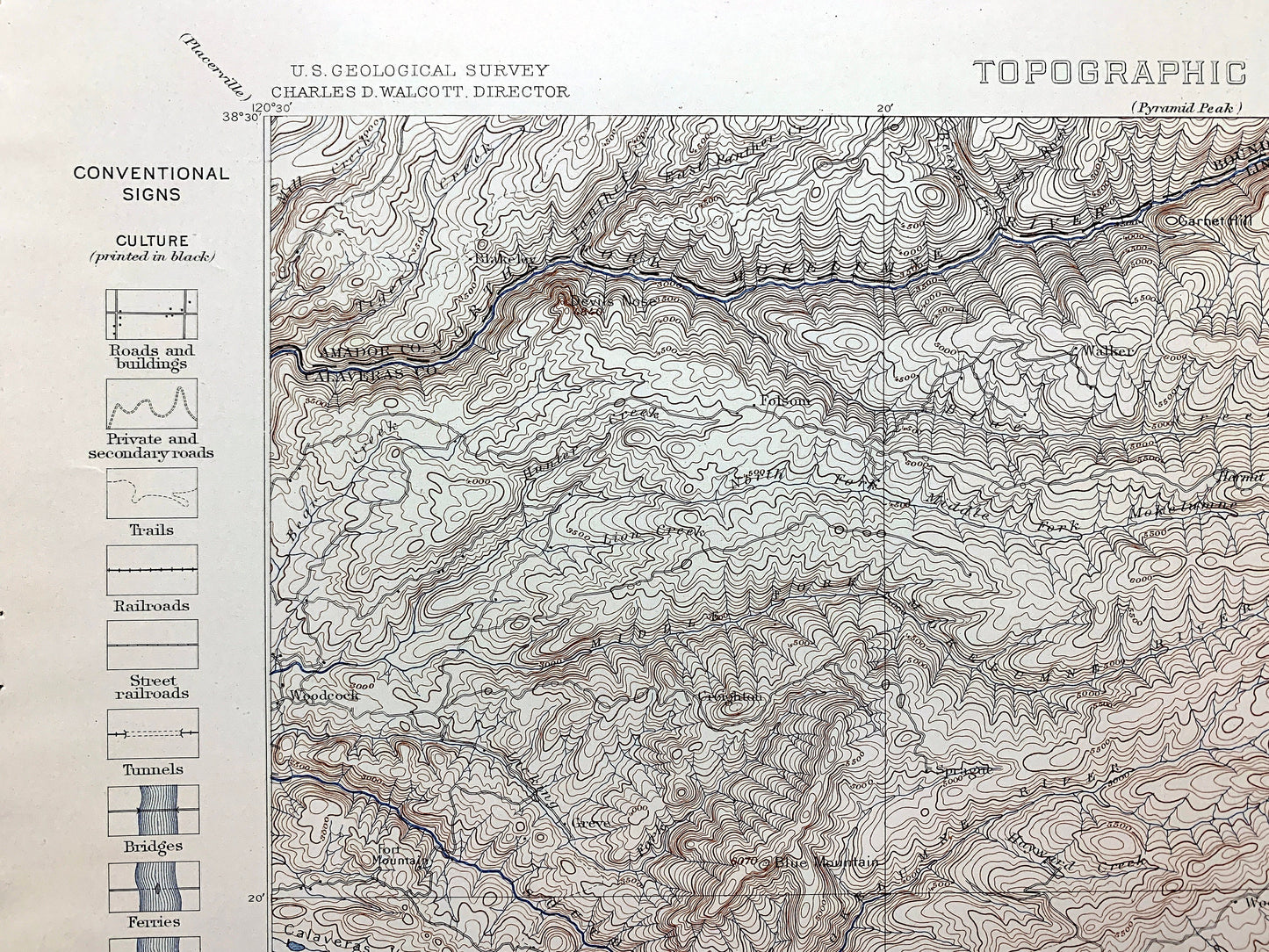 Antique Big Trees, California 1898 US Geological Survey Topographic Map – Calaveras, Tuolumne County, Stanislaus National Forest, Lake, CA